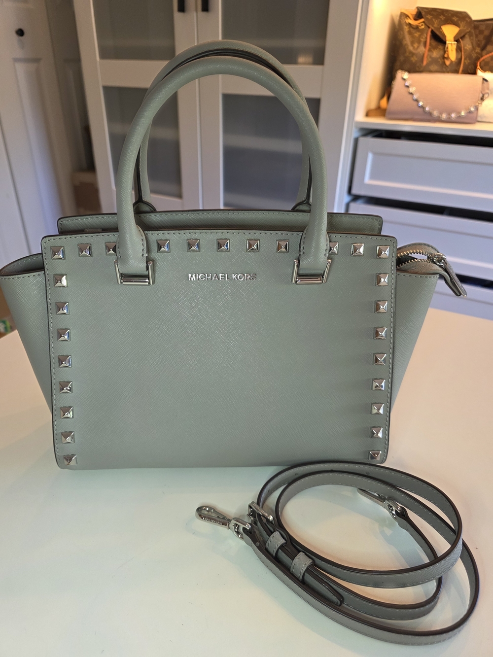 Michael Kors Grey Selma Saffiano Satchel with Silver Studs